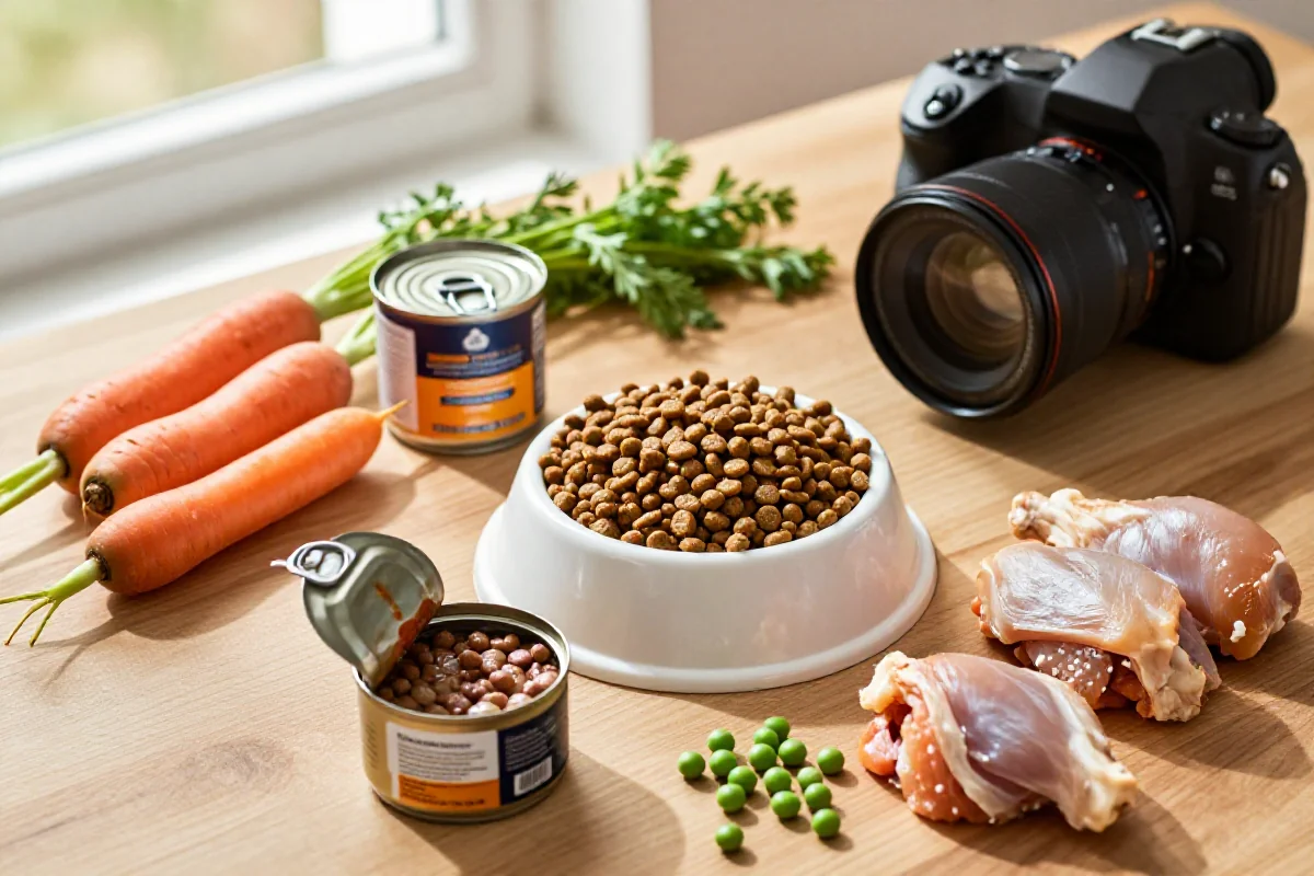 Variert hundemat med ingredienser og tilbehør, synlig ernæring for hunder.