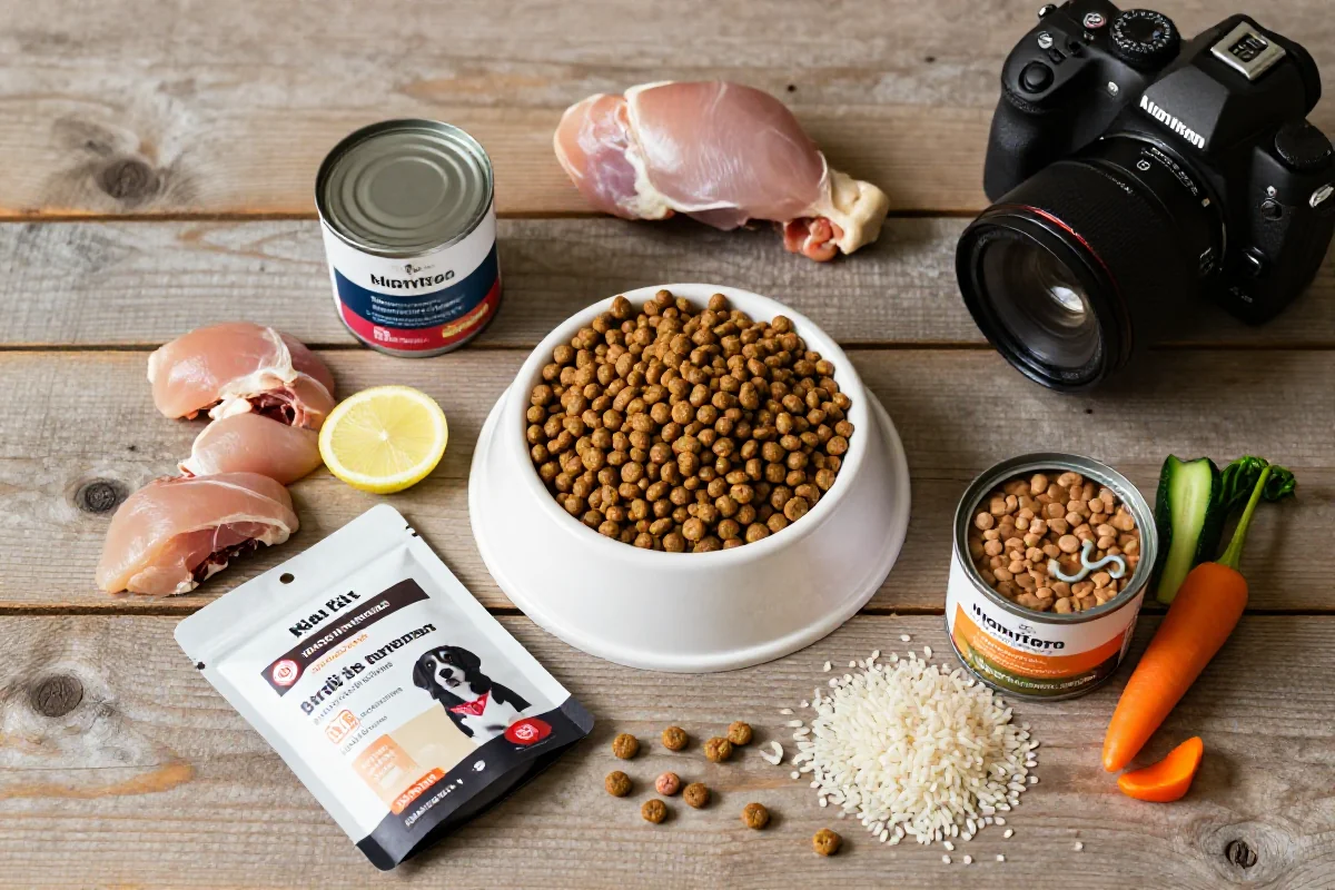 Variert hundemat med ingredienser og tilbehør for optimal ernæringstiming.