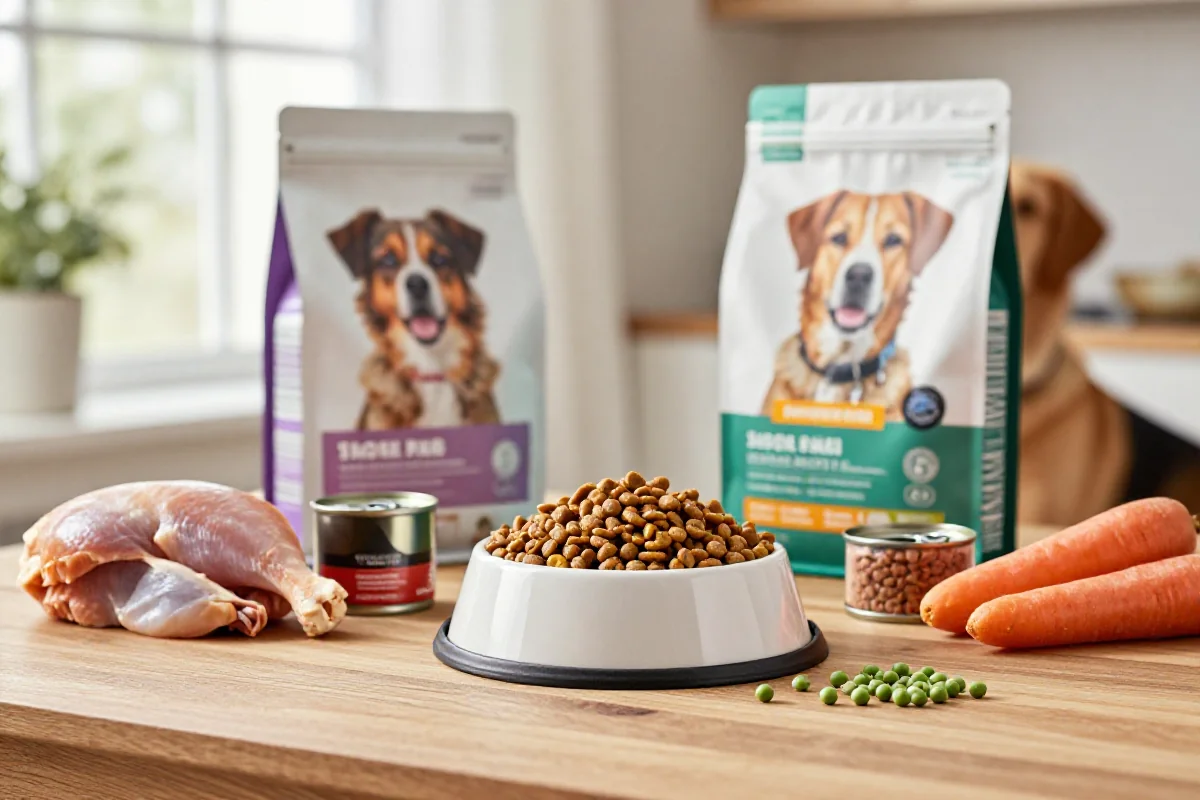 Balansert hundefôr for mellomstore hunder med kibble og ferske ingredienser.