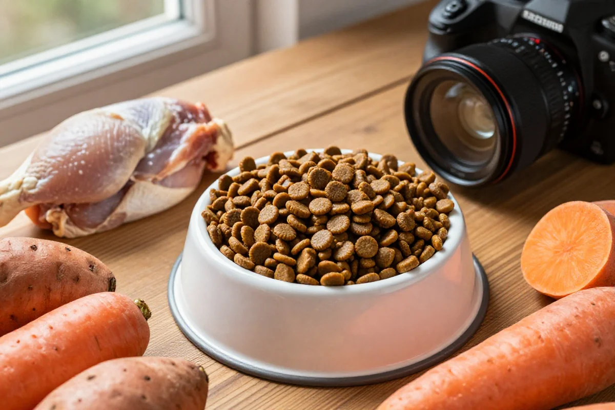 Hundemat med kibble og ferske ingredienser for optimal ytelse.