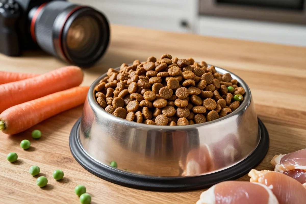 Nærbilde av en hundematbolle med tørrfôr og friske ingredienser.