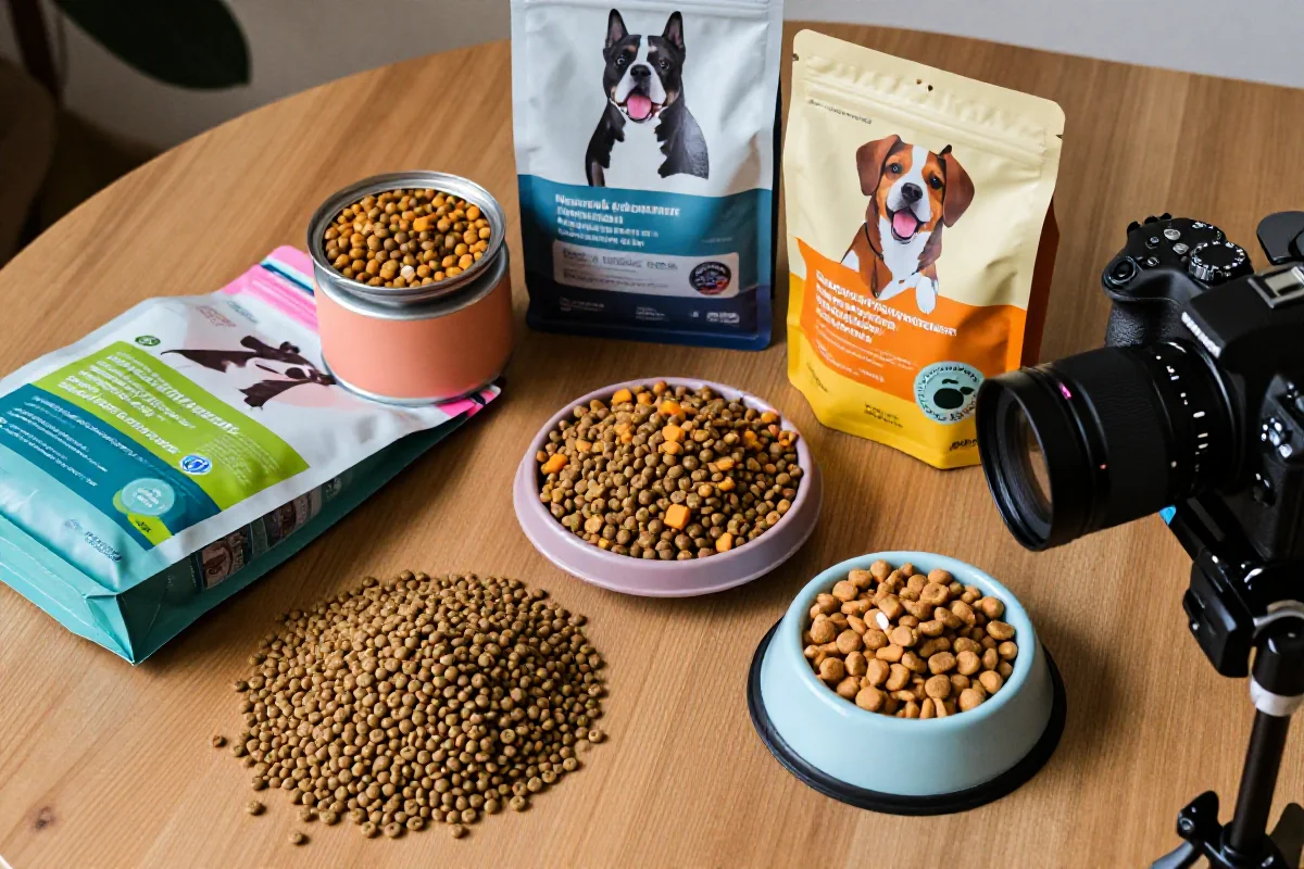 Terapeutiske hundefôrtyper med kibble og våtfôr på bordet