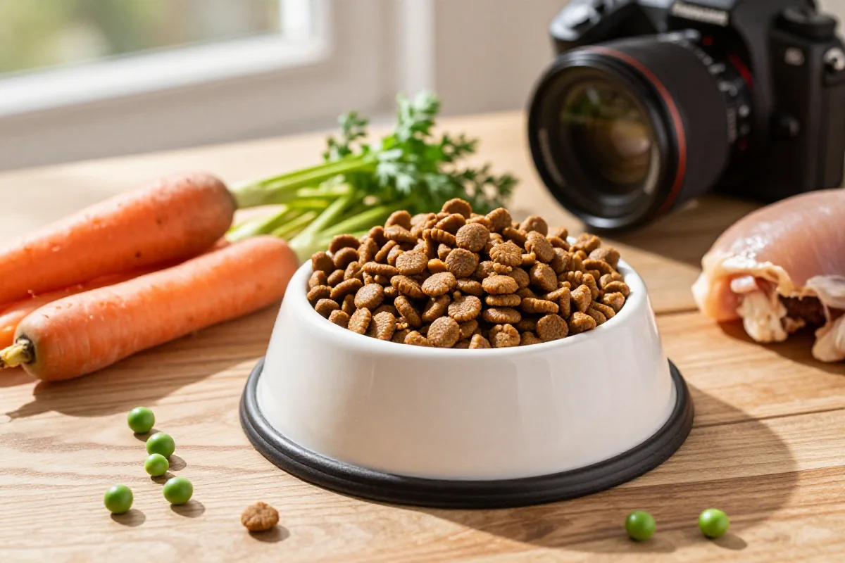 Bolle med tørrfôr til hund, omringet av friske ingredienser som gulrøtter og kylling.