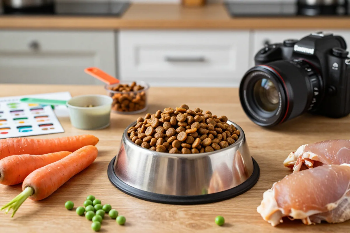 Fôringsoppsett for hund med tørrfôr og friske ingredienser i et koselig kjøkken.