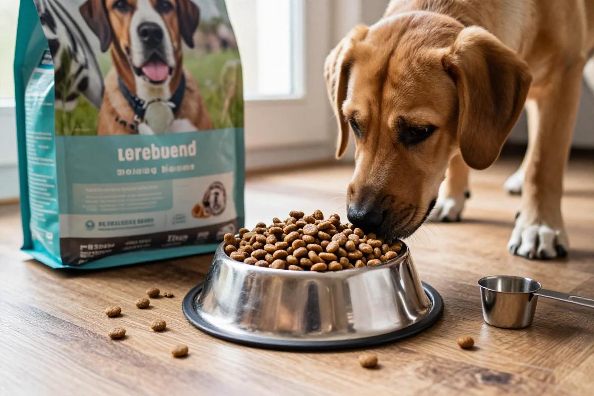 Hundefôr for store valper med kibble og målebeger på tregulv.