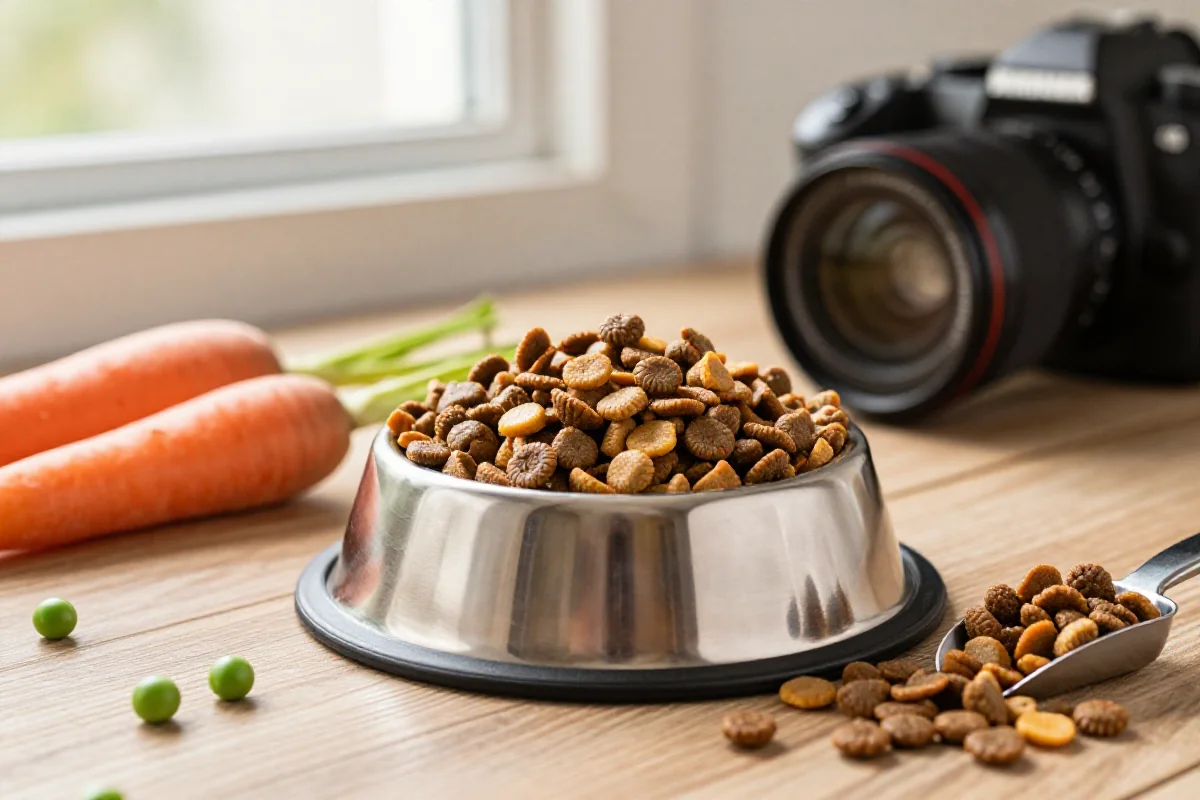 Hundefôr med kibble og friske ingredienser for hundens vektkontroll.