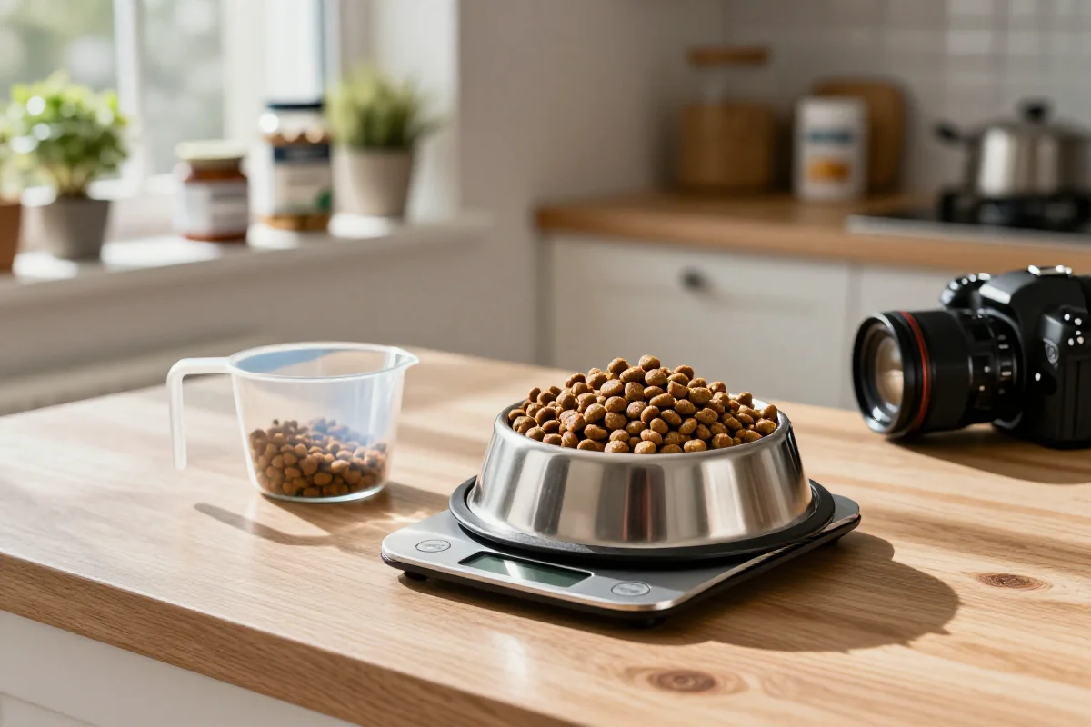 Hundefôr med kibble og måleverktøy i et koselig kjøkken