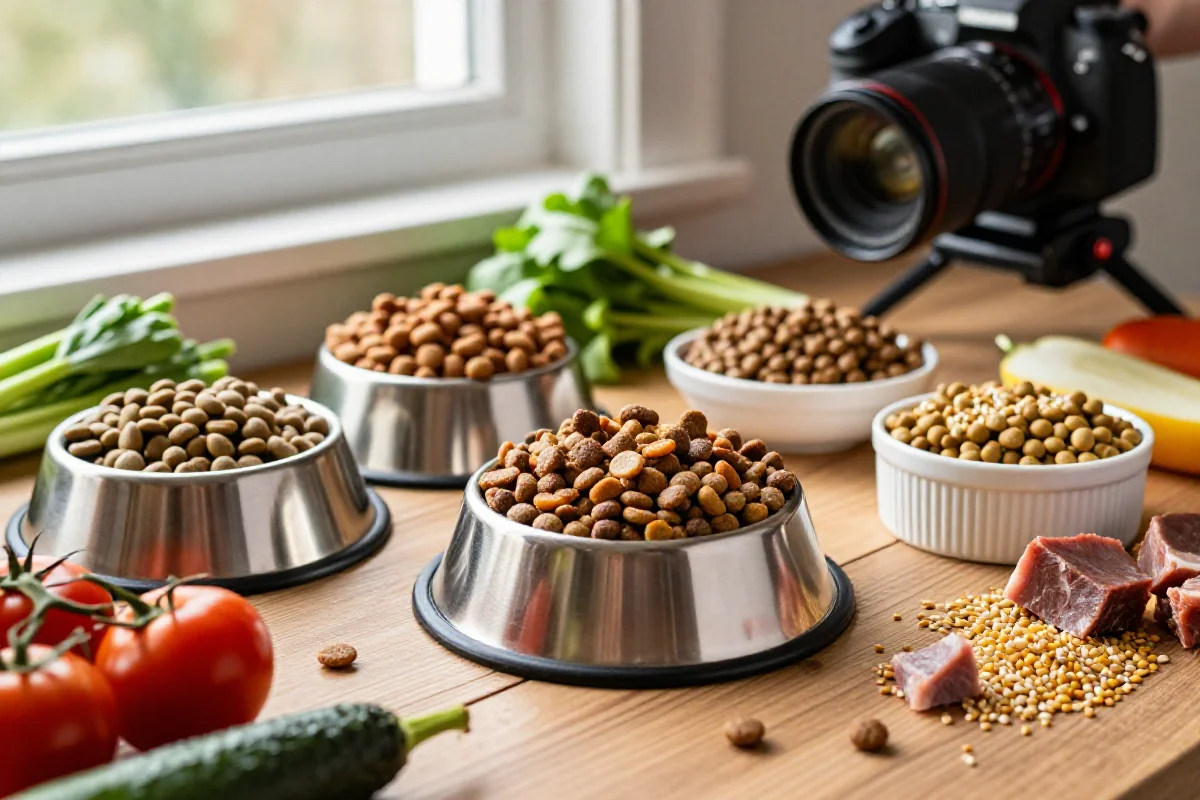 Bilde av hundemat med kibble, våtmat og friske ingredienser for hunder