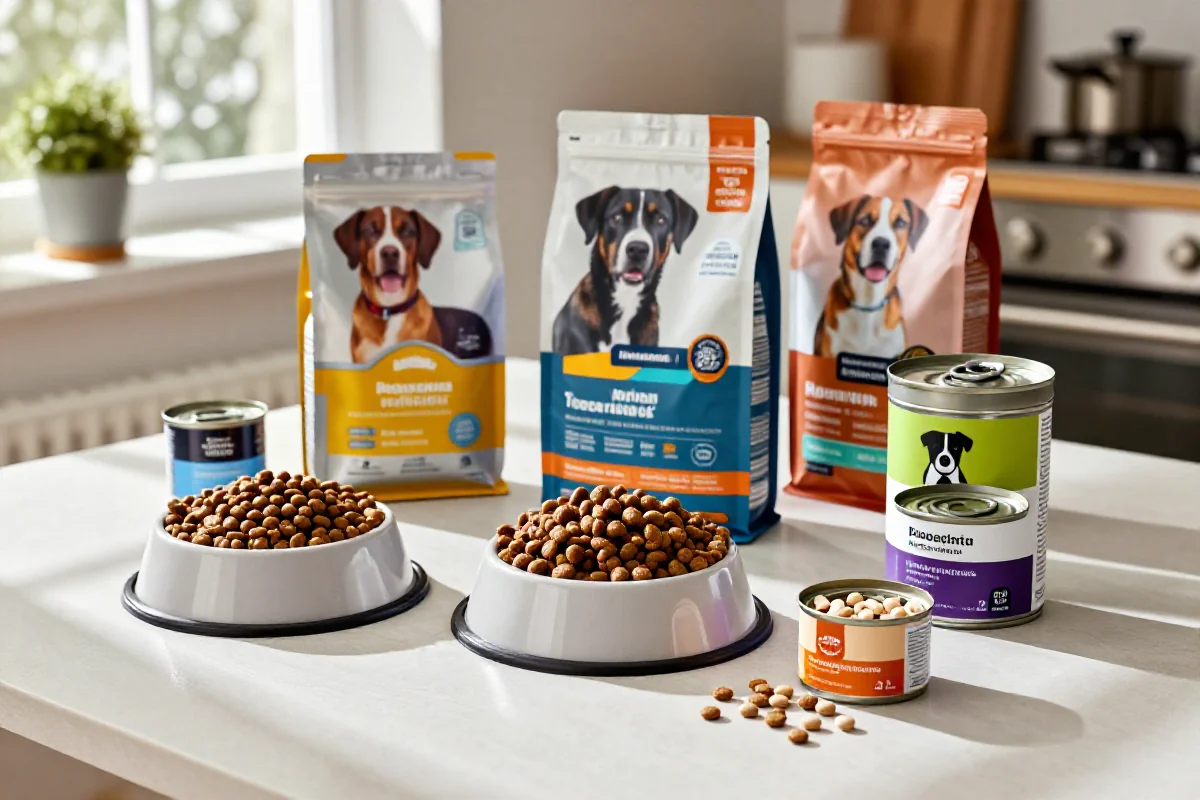 Variert hundemat for idrettshunder med kibble, våtfôr og kosttilskudd.
