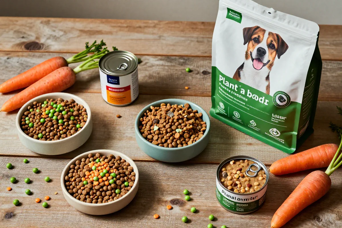 Plantebasert hundemat med kibble og grønnsaker på et trebord