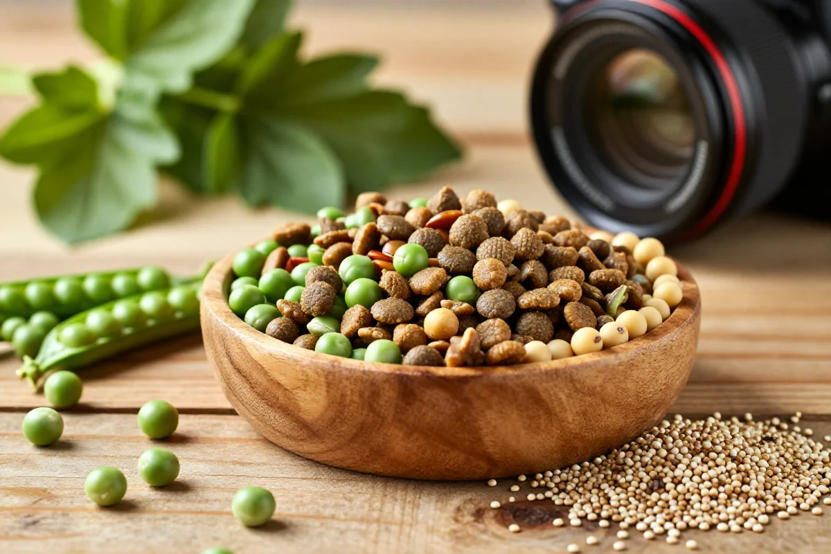 Plantebasert hundemat med erter, linser og quinoa i en bolle.