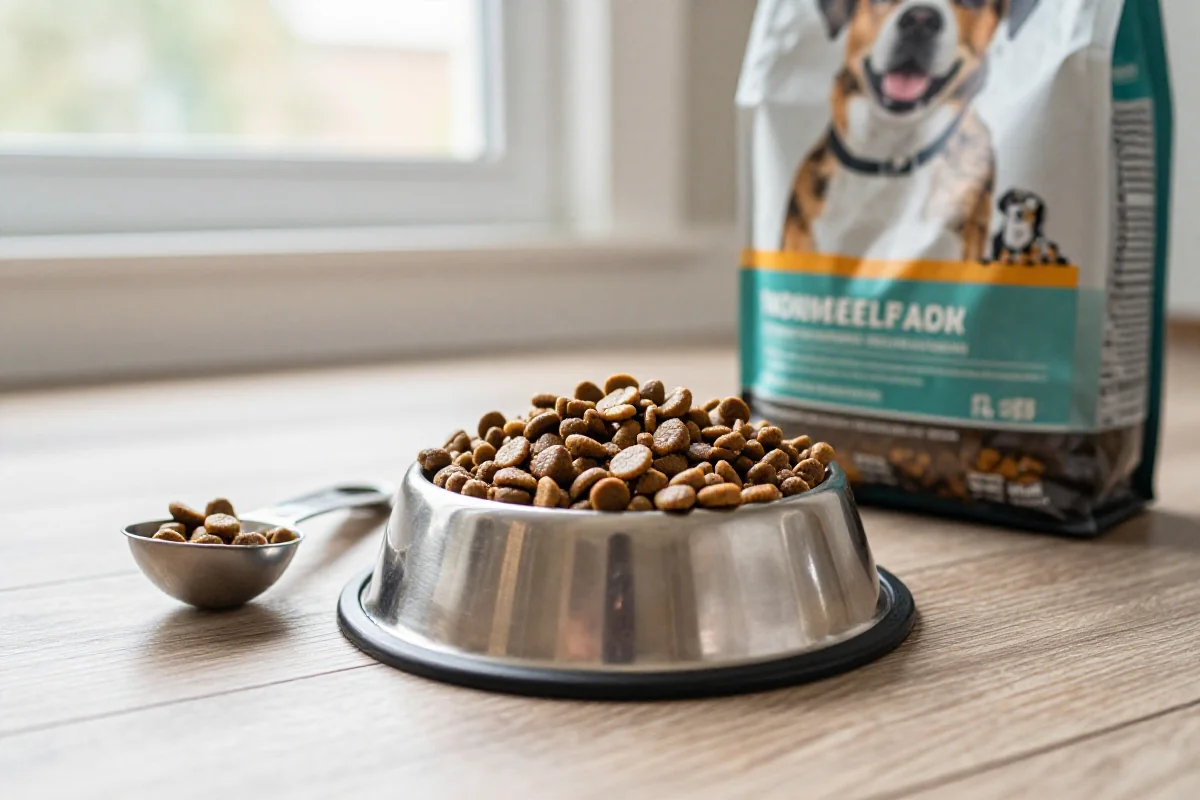 Hundematte med fôringsskål, tørrfôr og måleskje for porsjonskontroll.