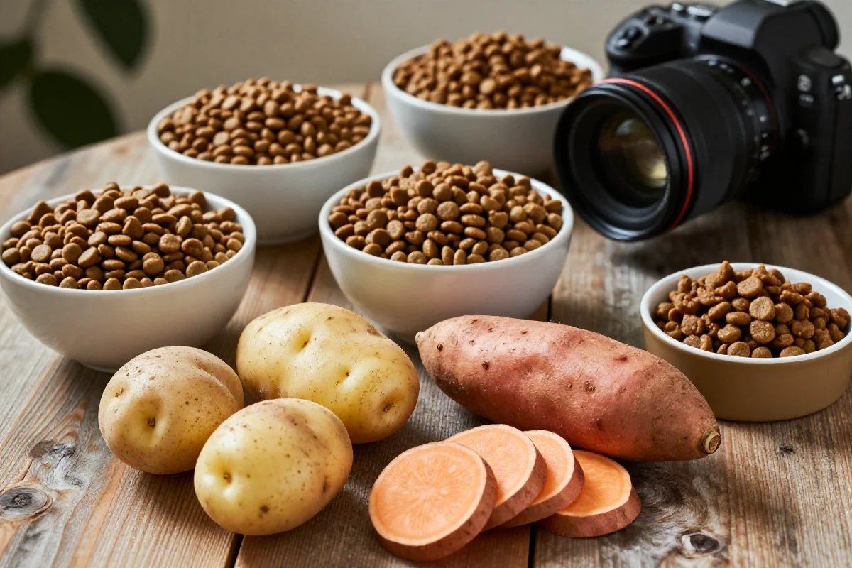 Poteter og søtpoteter som ingredienser i hundemat på trebord.