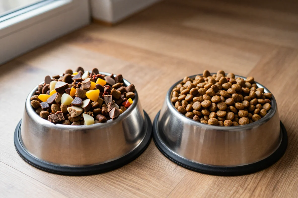 To hundemat skåler med premium og budsjett kibble på tregulv.