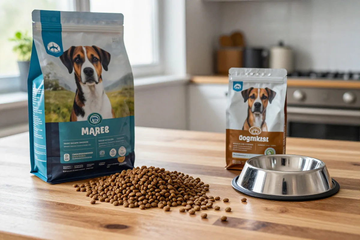 Budsjett hundemat og premium hundemat kibble på et kjøkkenbord.