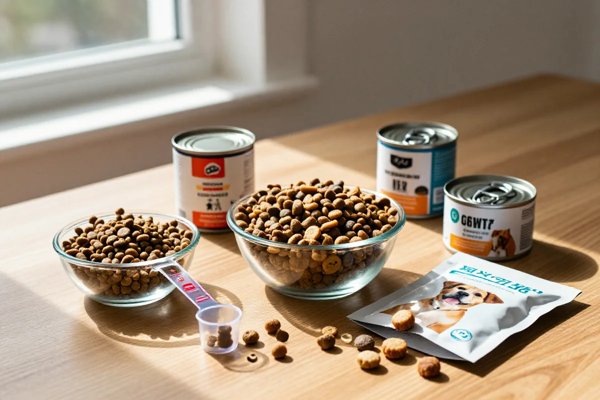 Variasjon av hundemat og snacks for kostnadsberegning av hundefôr