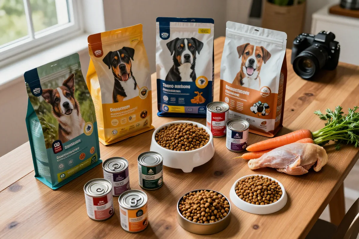 Variasjon av hundematprodukter som tørrfôr, våtfôr og ingredienser.