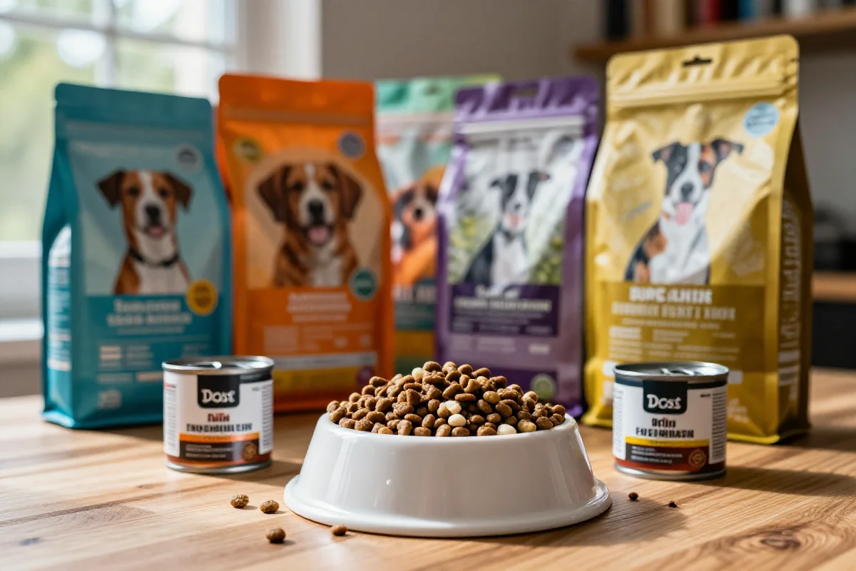 Variasjon av hundematprodukter på et bord med hundemat og tilbehør.