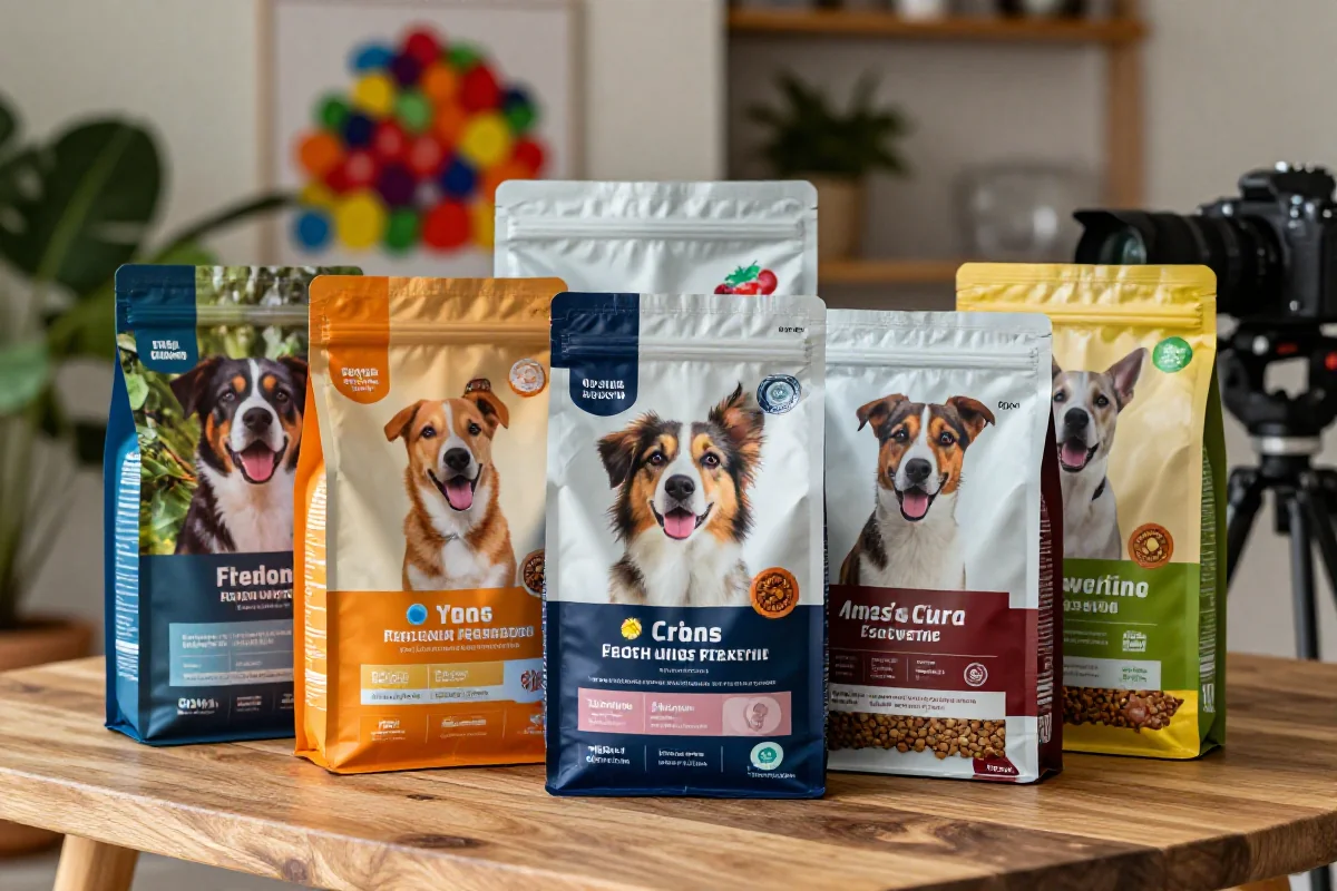 Premium hundematposer på et trebord med ferske ingredienser synlige.