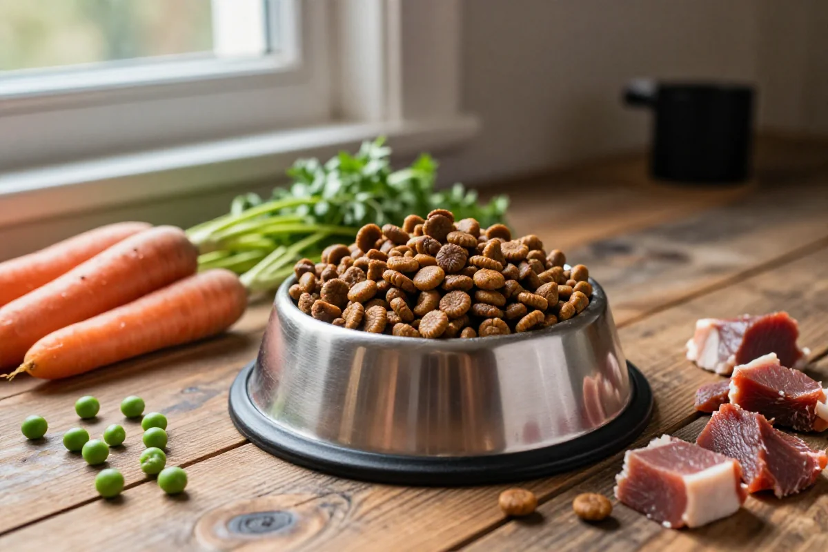 Næringsrik hundemat for store raser med grønnsaker og tørket kibble.