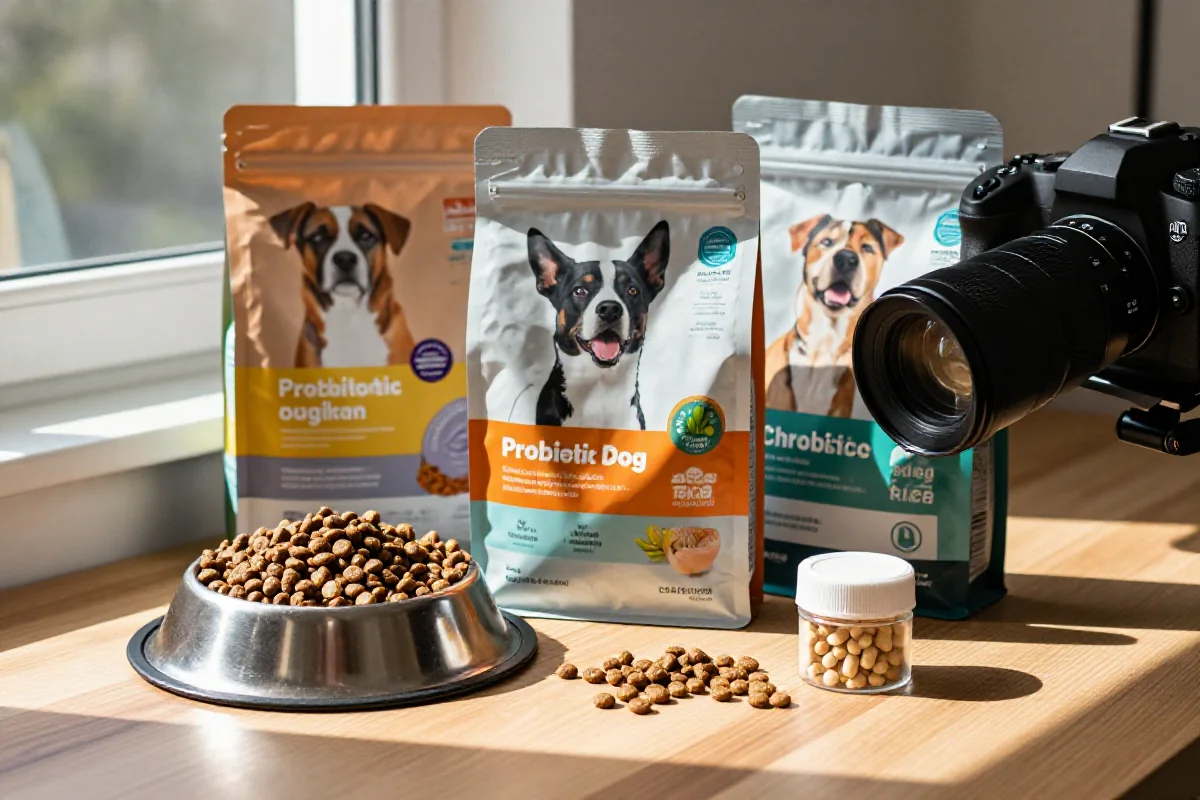 Variert hundemat med probiotika, kibble og tilskudd på et treoverflate.