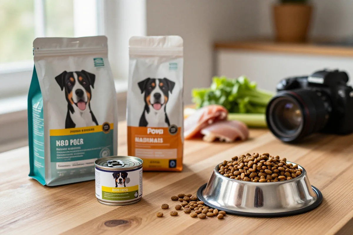 Variert hundemat, inkludert tørrfôr, våtfôr og skål med kibble.