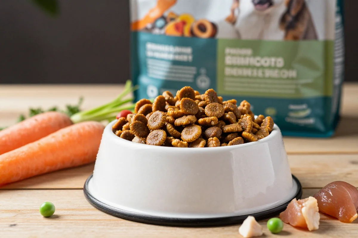Hundematbolle med halvfuktig kibble og friske ingredienser for hundernæring.