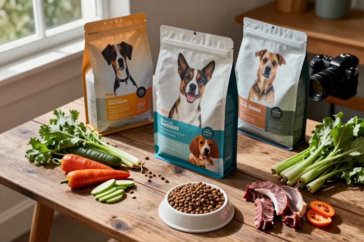 Ulike hundematprodukter og ingredienser på et rustikt bord.