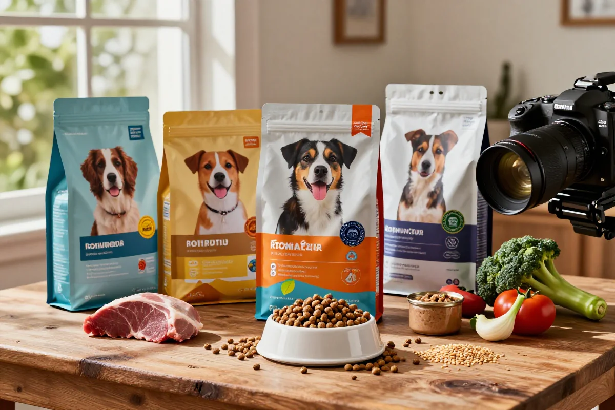 Ulike hundematprodukter, inkludert tørrfôr og våtfôr, på et trebord.