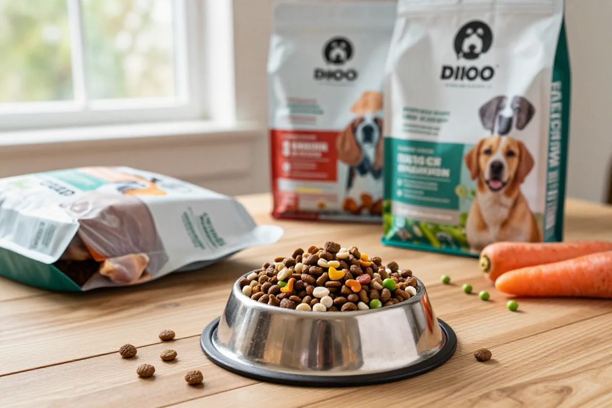 Variert hundemat med proteininnhold, kibble, friske ingredienser og matskål.