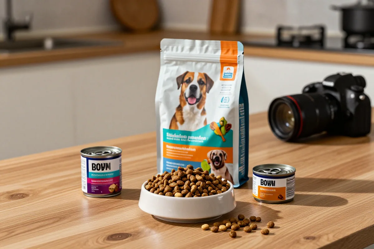 Variert hundemat med proteinkilder som kibble og våtfôr på et bord.