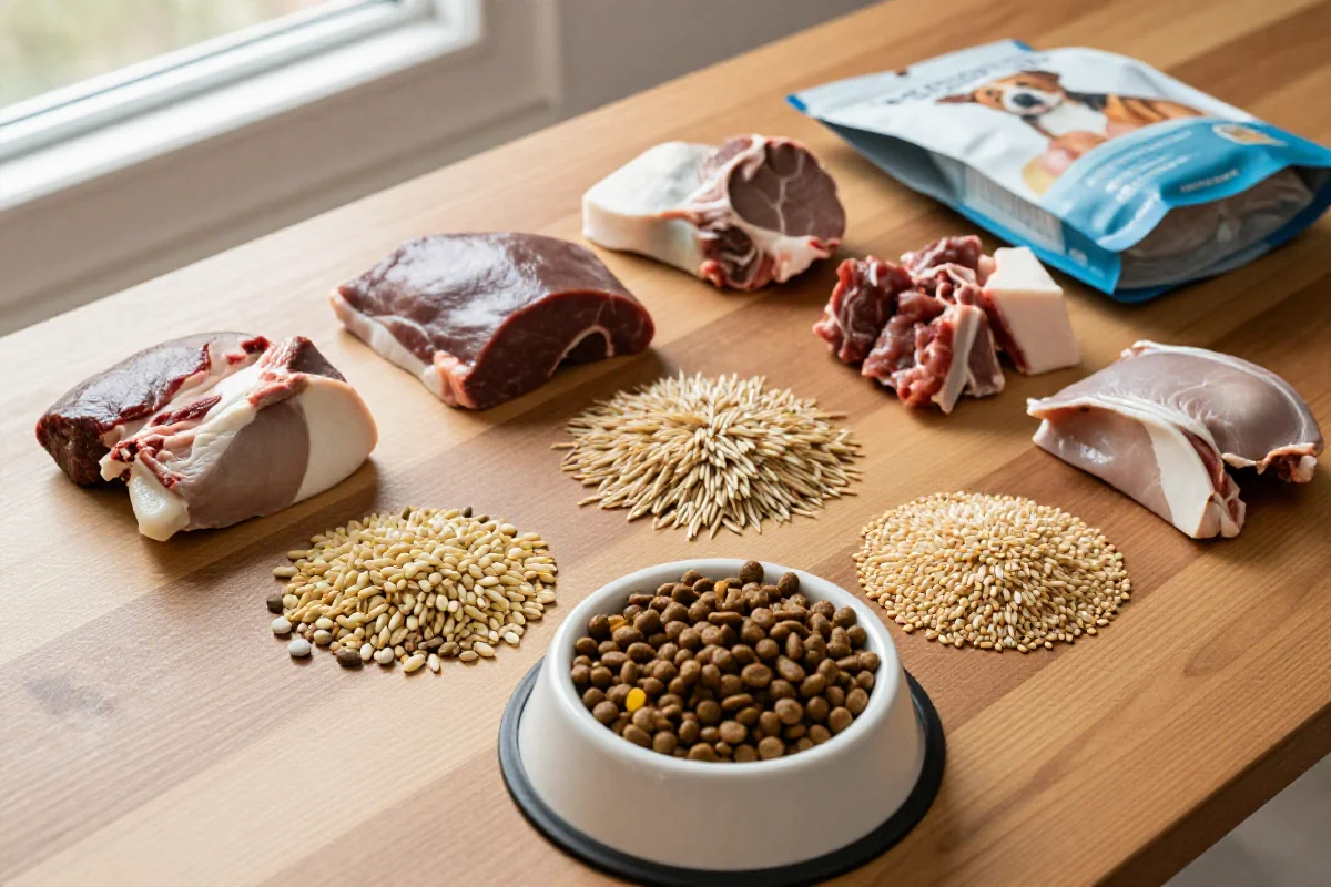 Utvalg av råvarer for hundemat med korn, animalske proteiner og tilsetningsstoffer.