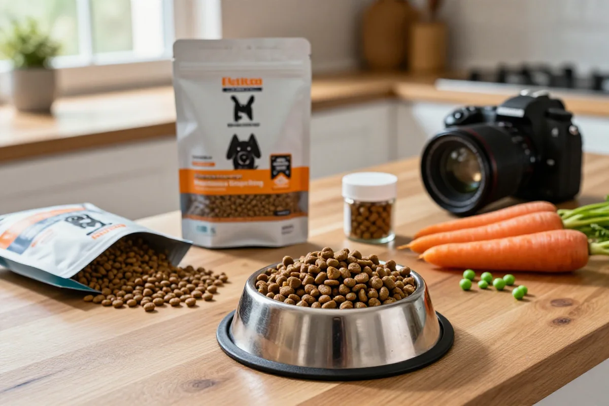 Psyllium og hundemat på kjøkkenbenk for sunn fordøyelse hos hunder.