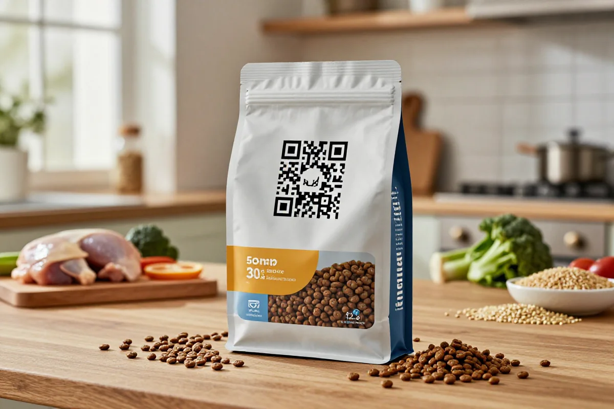 Moderne hundematemballasje med QR-kode og hundemat ingredienser.