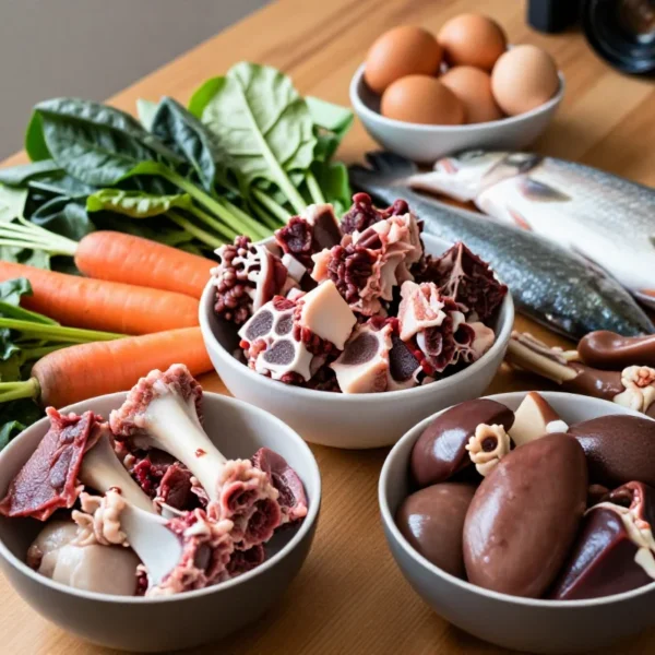 Boller med rå hundemat og friske ingredienser for naturlig hundefôr