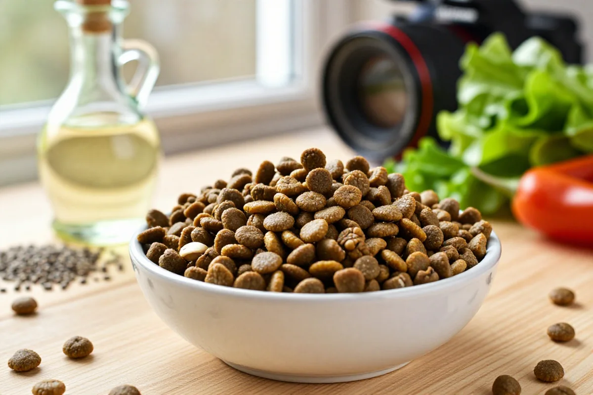 Skål med hundemat og rapsolje, som viser viktige ingredienser for hundens ernæring.