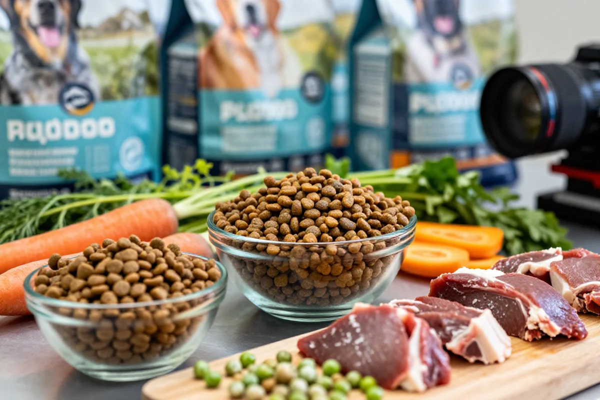 Nærbilde av hundematproduksjon med ingredienser og kibble for sporbarhet.