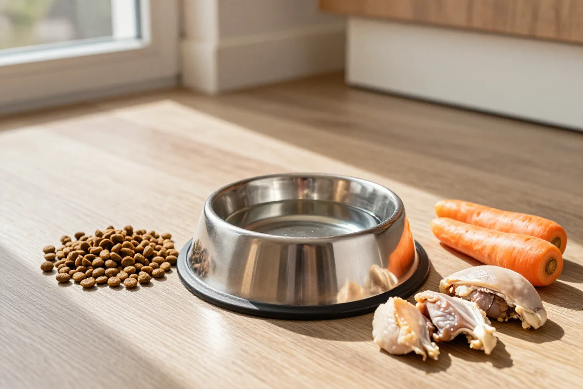 Hundeskål med friskt vann og hundemat for rehydrering av hund med diaré.