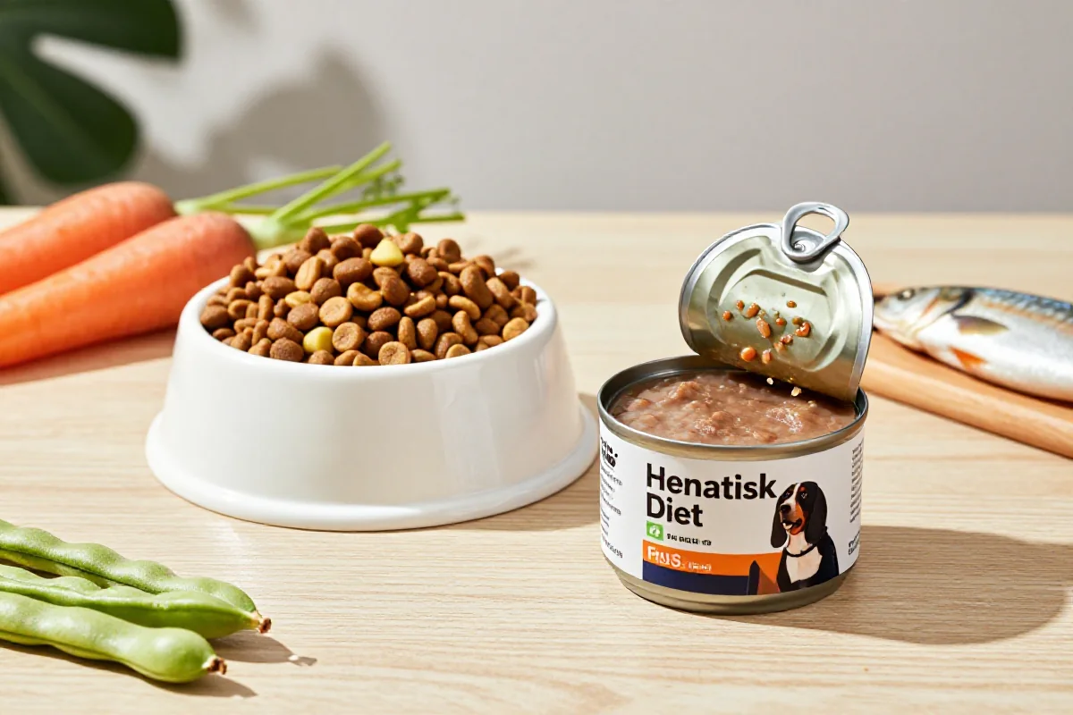 Hundefôr med renal og hepatisk diett på et bord med friske ingredienser.