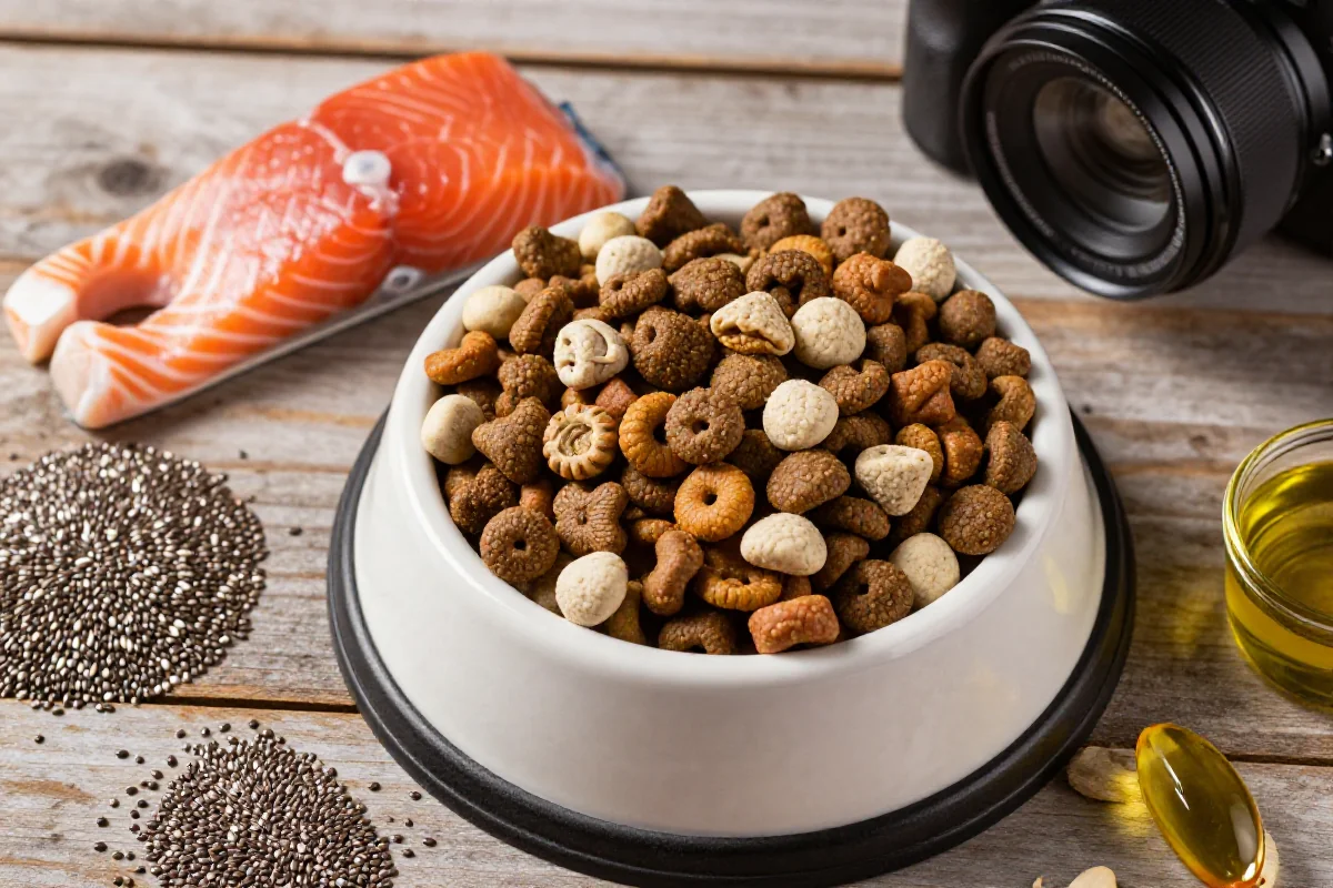 Hundematbolle med tørrfôr, laks og frø som viser omega-3 og omega-6 kilder.