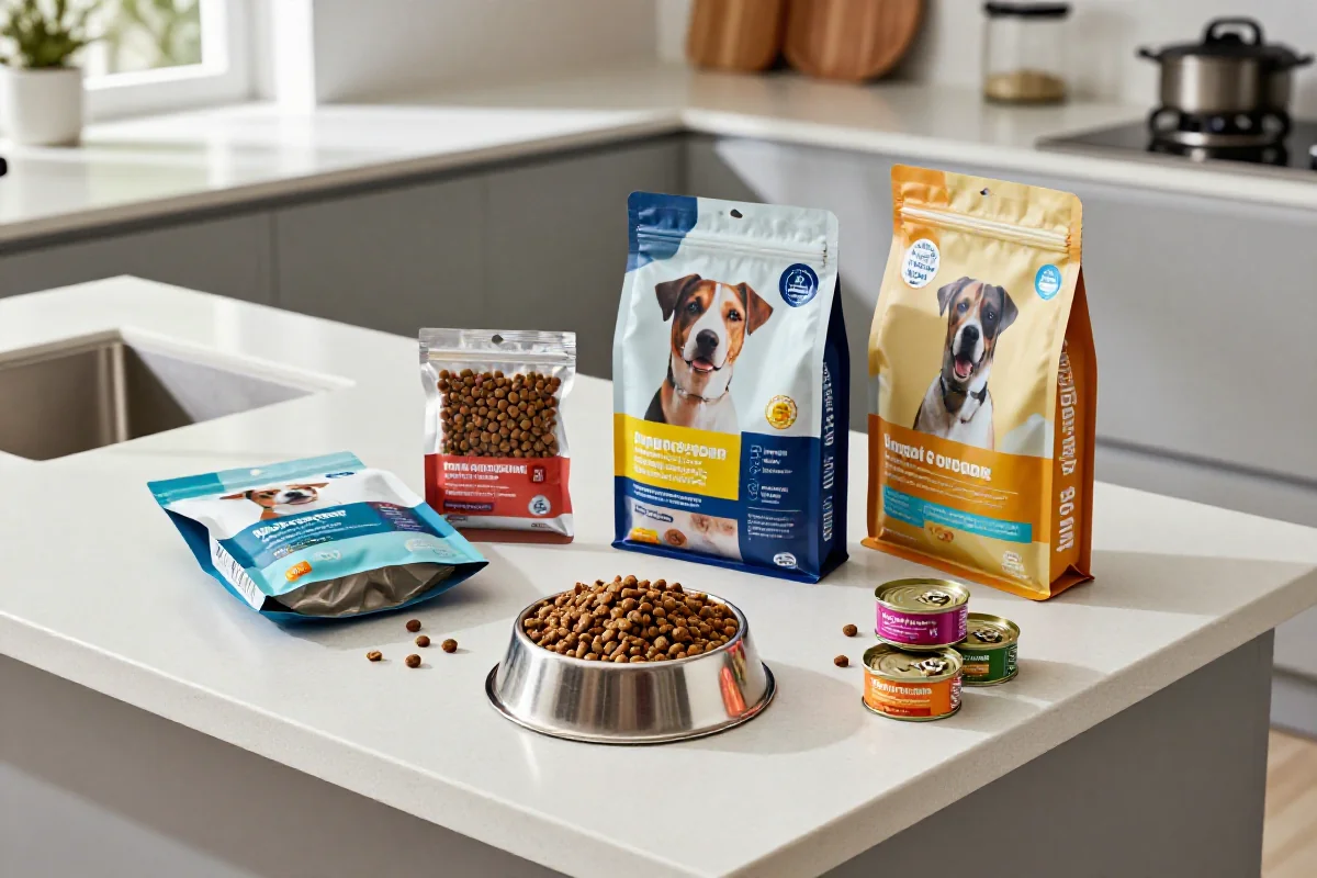 Forskellige hundematprodukter på kjøkkenbenk, inkludert tørrfôr og våtfôr.