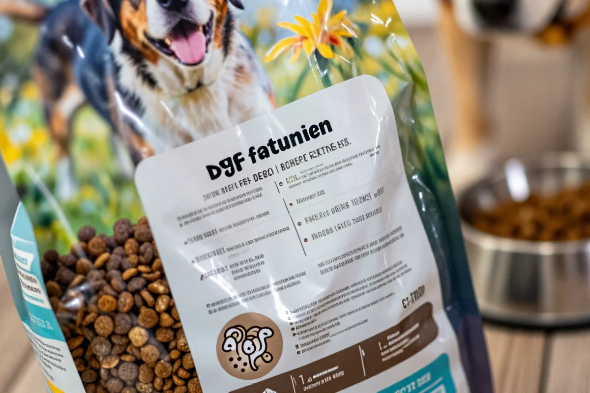 Nærbilde av hundemat etikett med ingrediensliste og tørrfôr kibble.