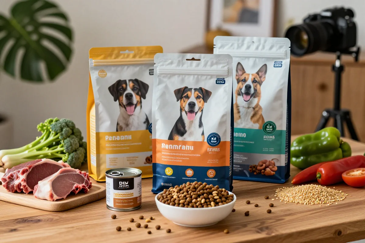 Bilde av hundematprodukter og ingredienser på et trebord.