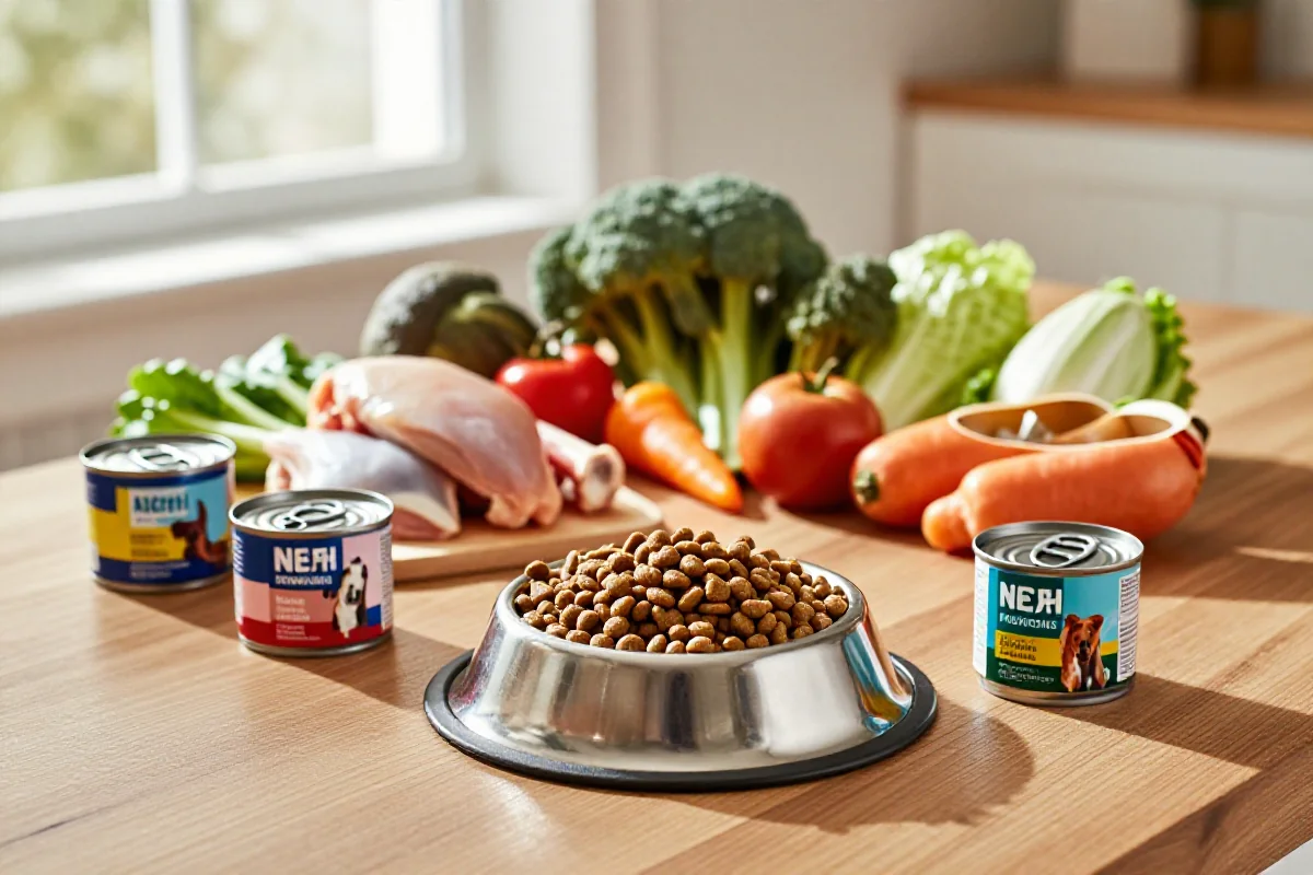 Variert hundemat og ingredienser på et trebord, roterende fôring