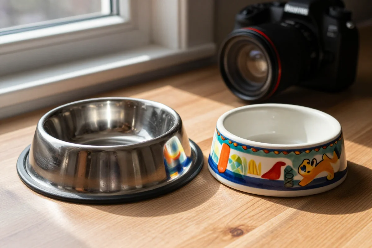 Rustfritt stål og keramikk fôringsskåler for hunder, sammenligning av materialer.