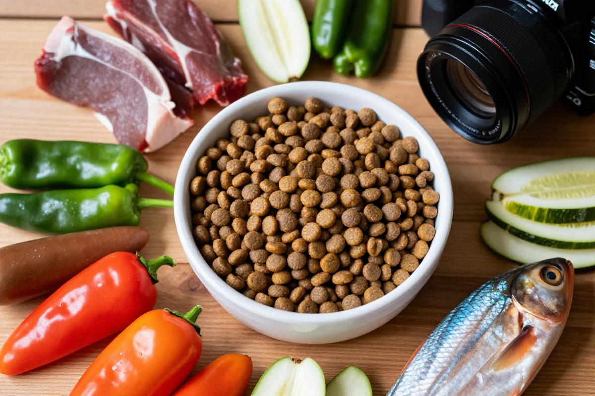 Bolle med tørrfôr til hund, omringet av ferske ingredienser for hundens helse.
