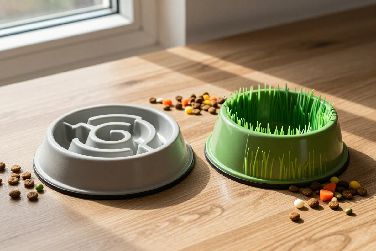 To slow-feeder skåler med hundefôr på et bord, sammenligning av produkter.