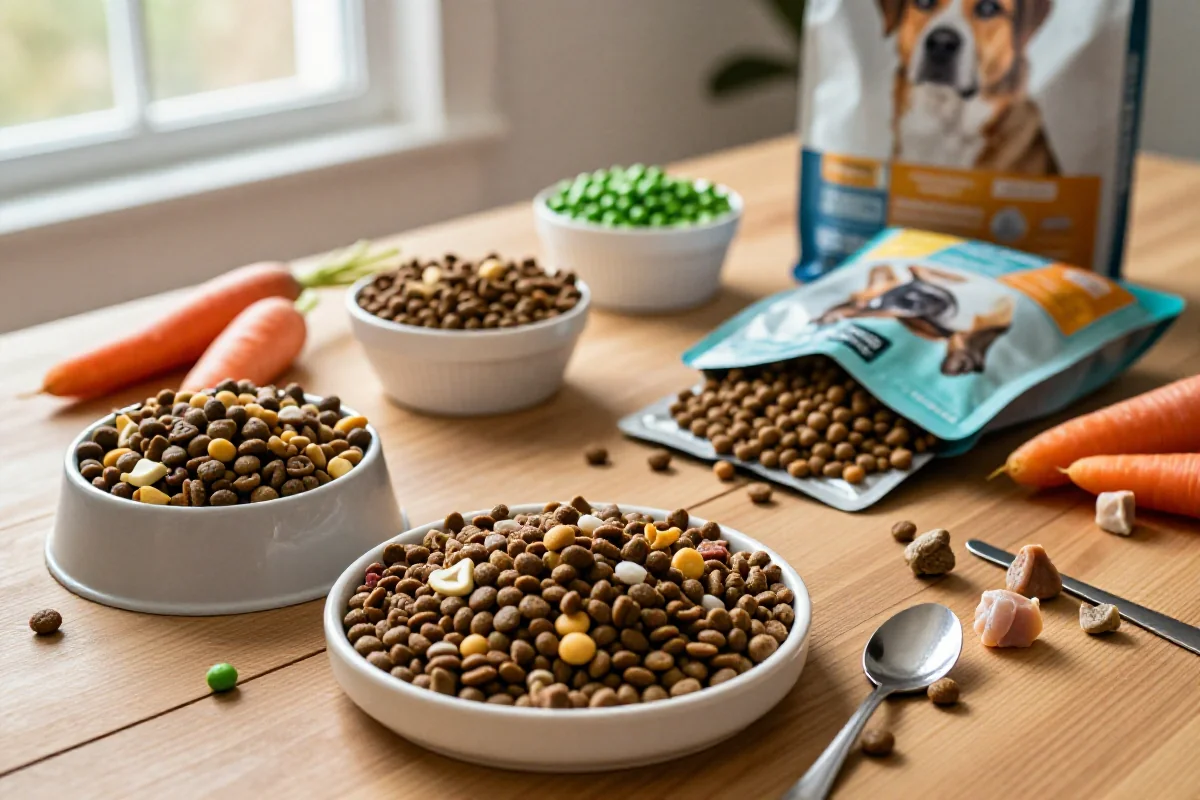 Ulike hundematprodukter, inkludert tørrfôr, våtfôr og friske ingredienser.