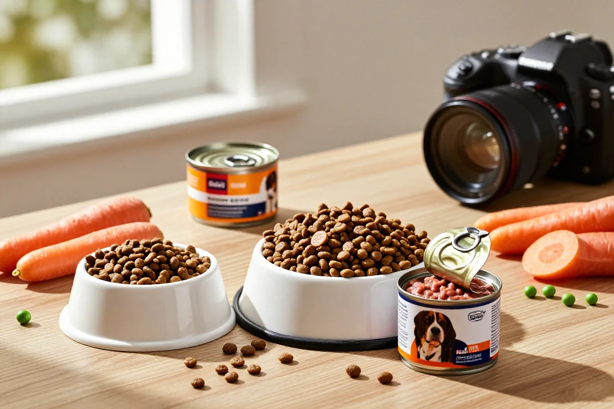 Variert hundemat på et bord med kibble og våtfôr, fokus på ernæring.