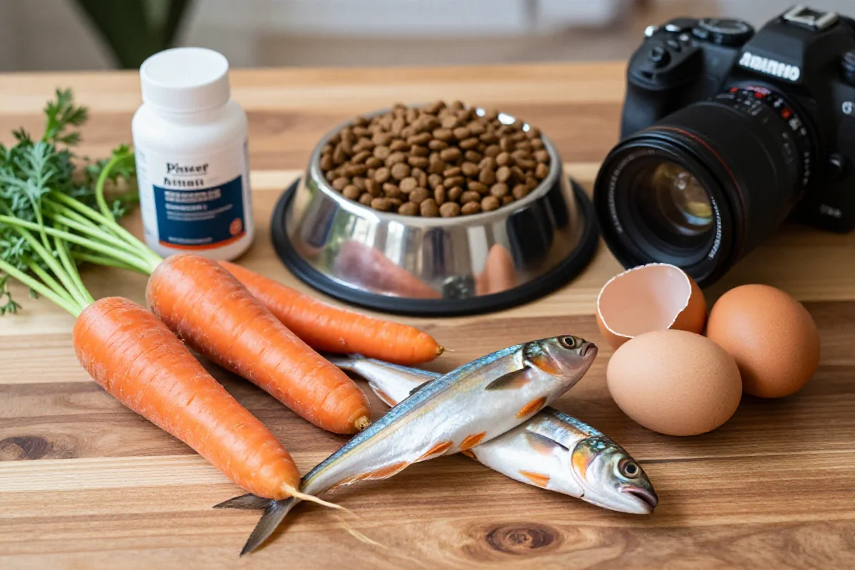 Fargerike ingredienser og hundemat som illustrerer essensielle vitaminer for hunder.